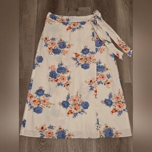 LOFT Floral Midi Skirt in Blue and Cream